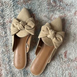 Brand new Suede J Crew Mules. Tan with bows.
